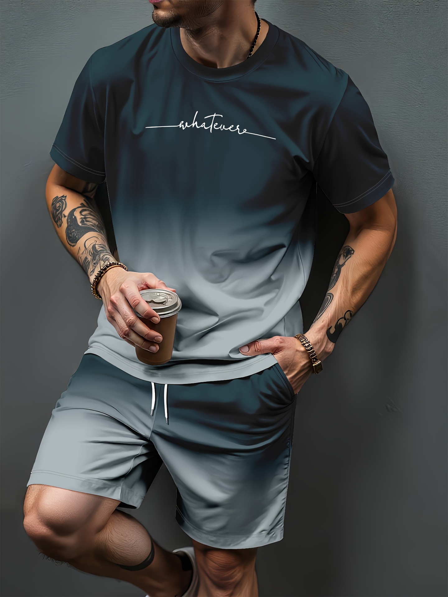 Summer Clothing Clearance - 그라디언트 문자 패턴 3D 인쇄 운동복
