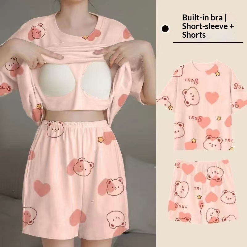 Summer House Clothing - 여름 여성용 반팔 잠옷 가슴 쿠션