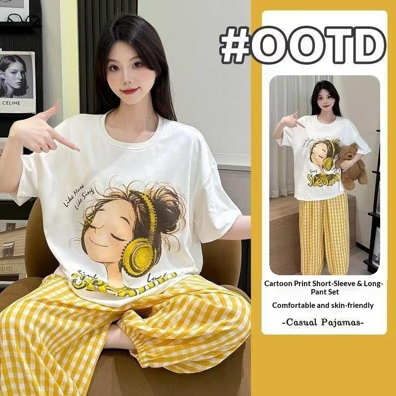 Summer House Clothing - 여성용 반팔 긴바지 홈웨어 여름 신상