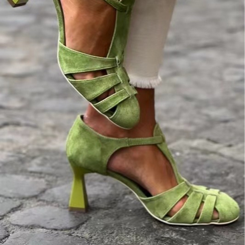 Summer Clothing Elegant - 여성용 그린 스웨이드 키튼힐 티스트랩 샌들,
