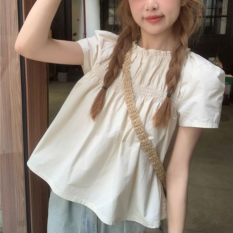 Summer Clothing In French - Shirring 솔리드 컬러 셔츠 여성 의류