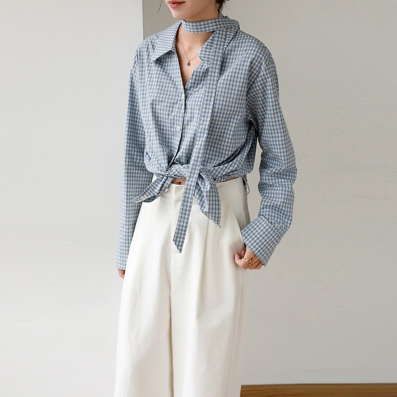 Summer Clothing In French - 빈티지 여성 블라우스 캐주얼 체크 탑