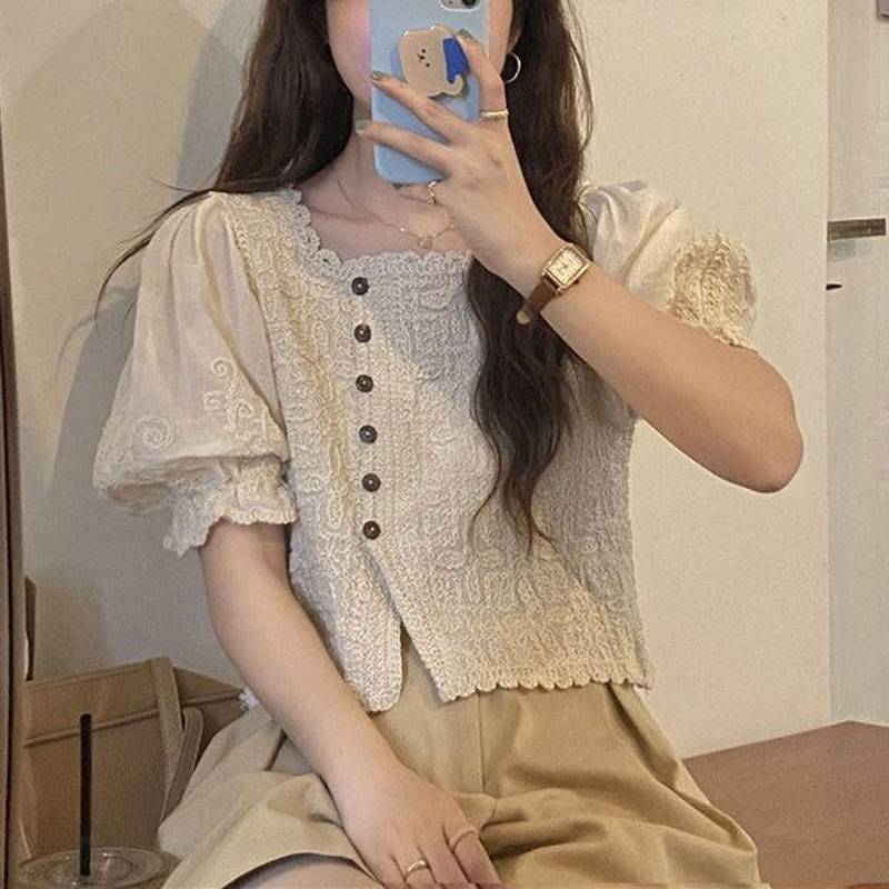 프랑스 스타일 레이스 스퀘어 칼라 셔츠 여름 새로운 퍼 - Summer Clothing In French 리뷰 및 가격