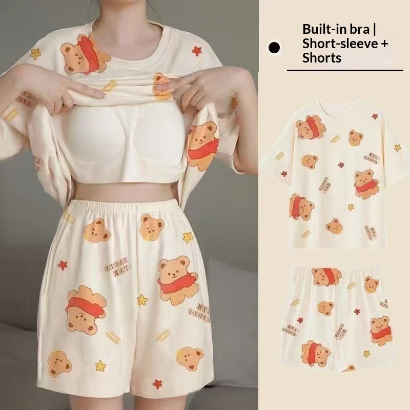 여름 여성용 반팔 잠옷 가슴 쿠션 홈 슈트 세트, 폴카 - Summer House Clothing 리뷰 및 가격