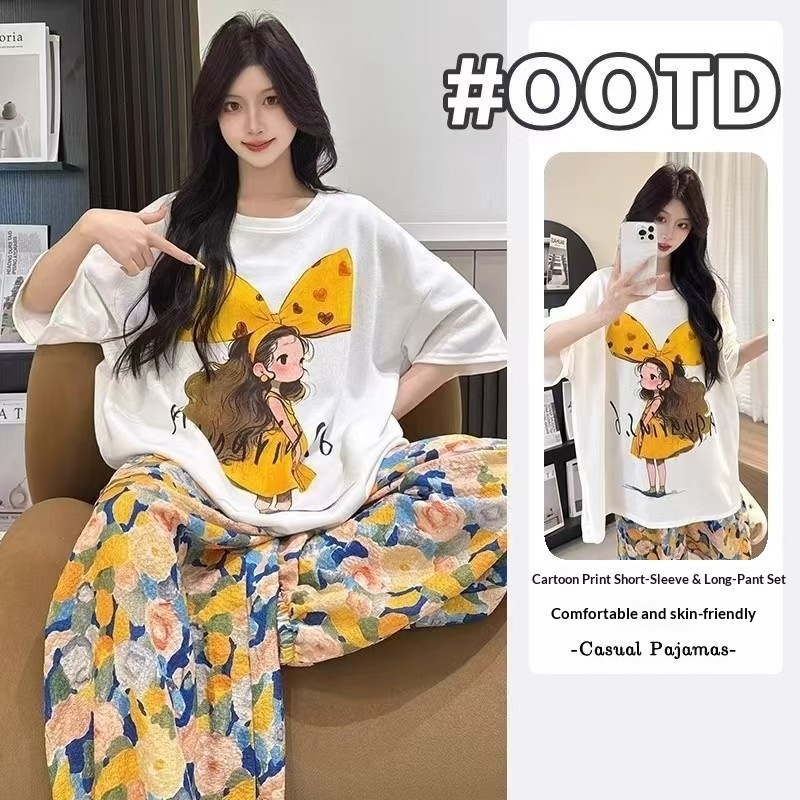 여성용 반팔 긴바지 홈웨어 여름 신상 귀여운 소녀풍 만 - Summer House Clothing 리뷰 및 가격