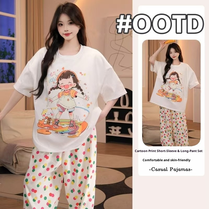 여성용 반팔 긴바지 홈웨어 여름 신상 귀여운 소녀풍 만 - Summer House Clothing 리뷰 및 가격