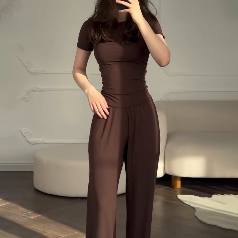 캐주얼 긴 바지 정장 여성 오-넥 반팔 티셔츠 탄성 허 - Summer House Clothing 리뷰 및 가격