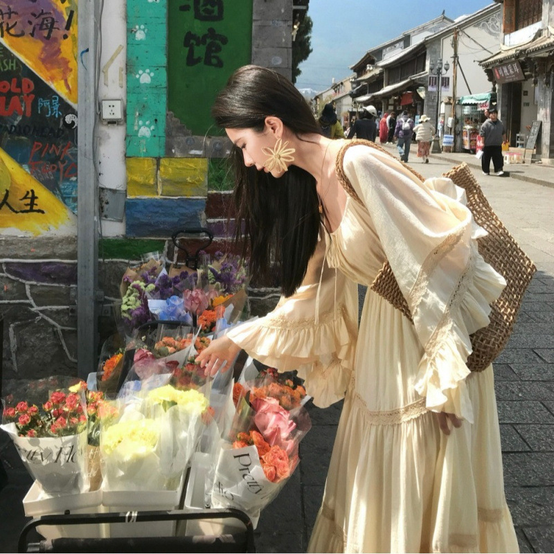 새로운 우아한 스퀘어넥 트럼펫 슬리브 넓은 밑단 홀리데 - Summer Clothing Clearance 리뷰 및 가격