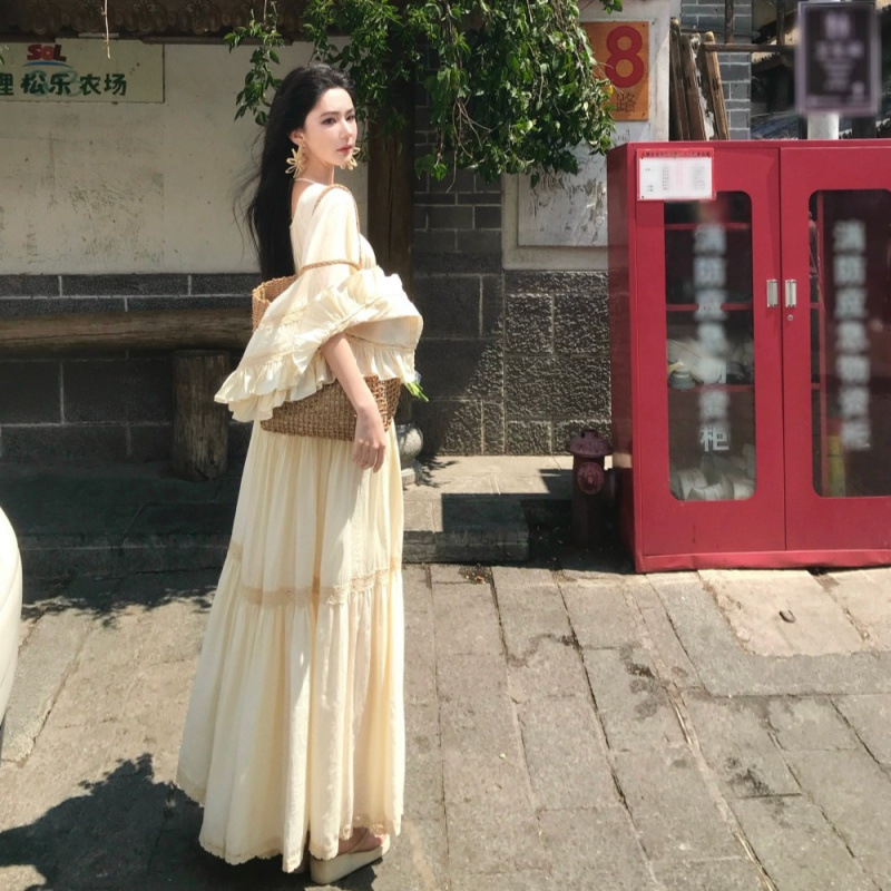 새로운 우아한 스퀘어넥 트럼펫 슬리브 넓은 밑단 홀리데 - Summer Clothing Clearance 리뷰 및 가격