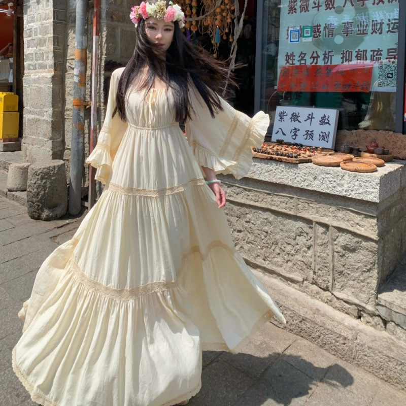 새로운 우아한 스퀘어넥 트럼펫 슬리브 넓은 밑단 홀리데 - Summer Clothing Clearance 리뷰 및 가격