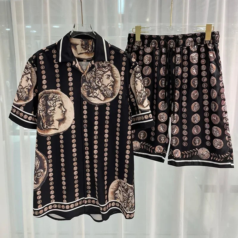 로얄 럭셔리 남성 셔츠 세트 빈티지 패턴 캐릭터 프린트 - Summer Clothing Trend 리뷰 및 가격
